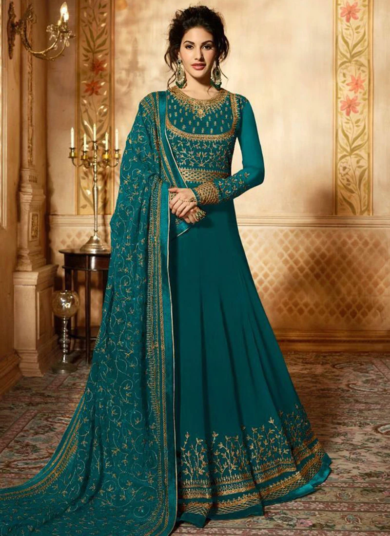 Turquoise Green Embroidered Abaya Style Anarkali S Party Wear - Image 3