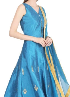 Turquoise Raw Silk Embroidery Anarkali Suit Party Wear