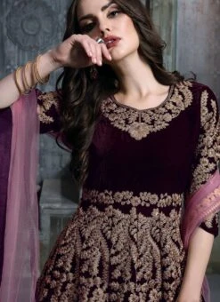 Wine Embroidered Abaya Style Anarkali Suit Party Wear
