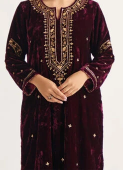 Wine Velvet Embroidered Straight Pant Suit Party Wear