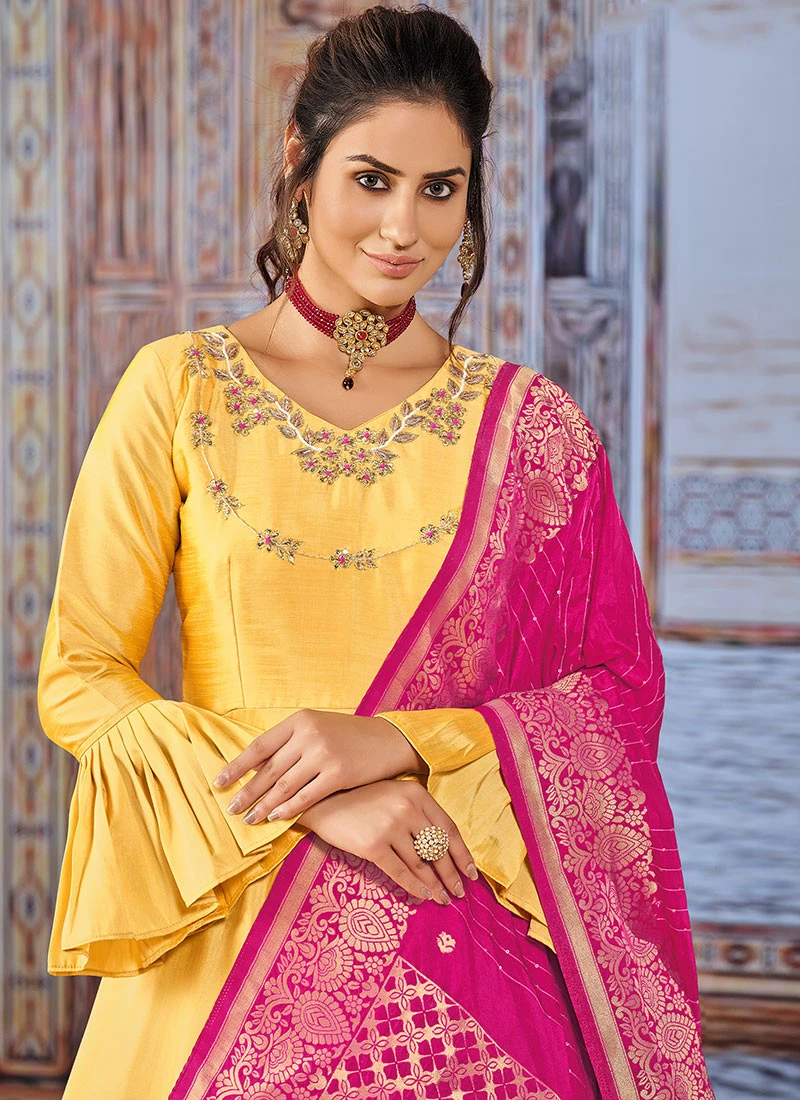 Yellow Art Silk Embroidered Anarkali Suit Party Wear - Image 4