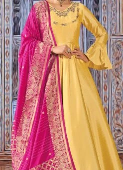 Yellow Art Silk Embroidered Anarkali Suit Party Wear