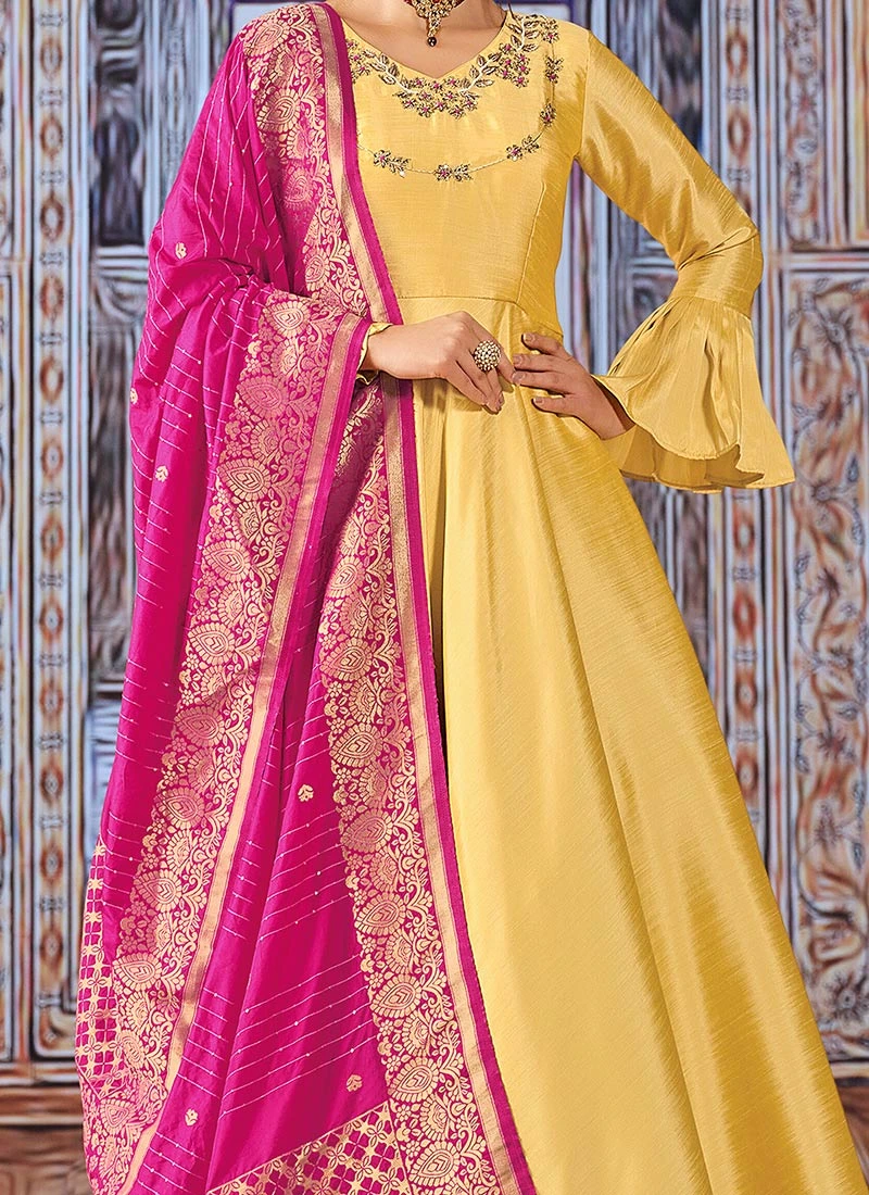Yellow Art Silk Embroidered Anarkali Suit Party Wear