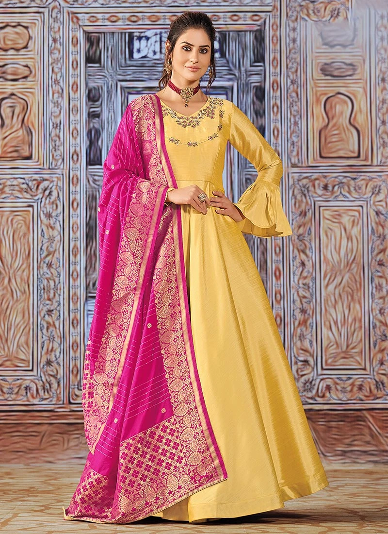 Yellow Art Silk Embroidered Anarkali Suit Party Wear - Image 3