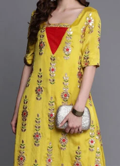 Yellow Embroidered Chinon Kurta Set Festive Wear