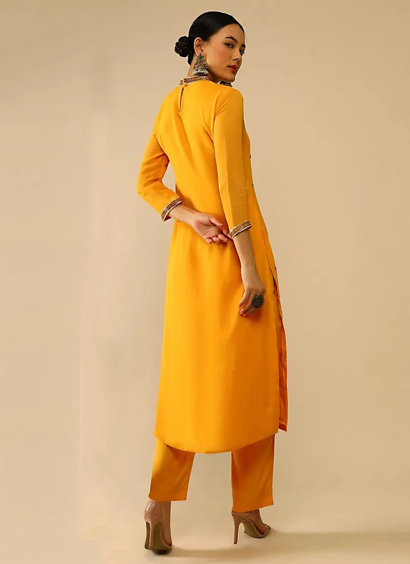 Yellow Pure Georgette Embroidered Kurta Straight Pant Set Party Wear - Image 4