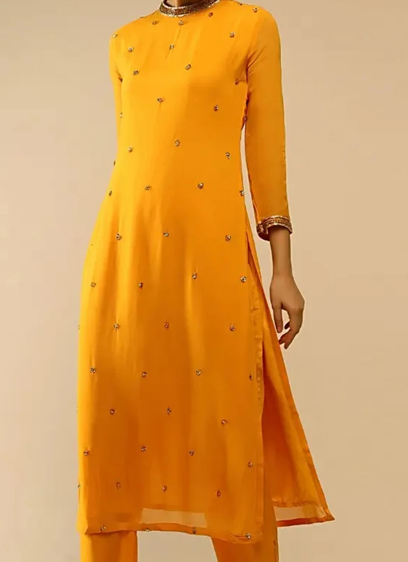 Yellow Pure Georgette Embroidered Kurta Straight Pant Set Party Wear