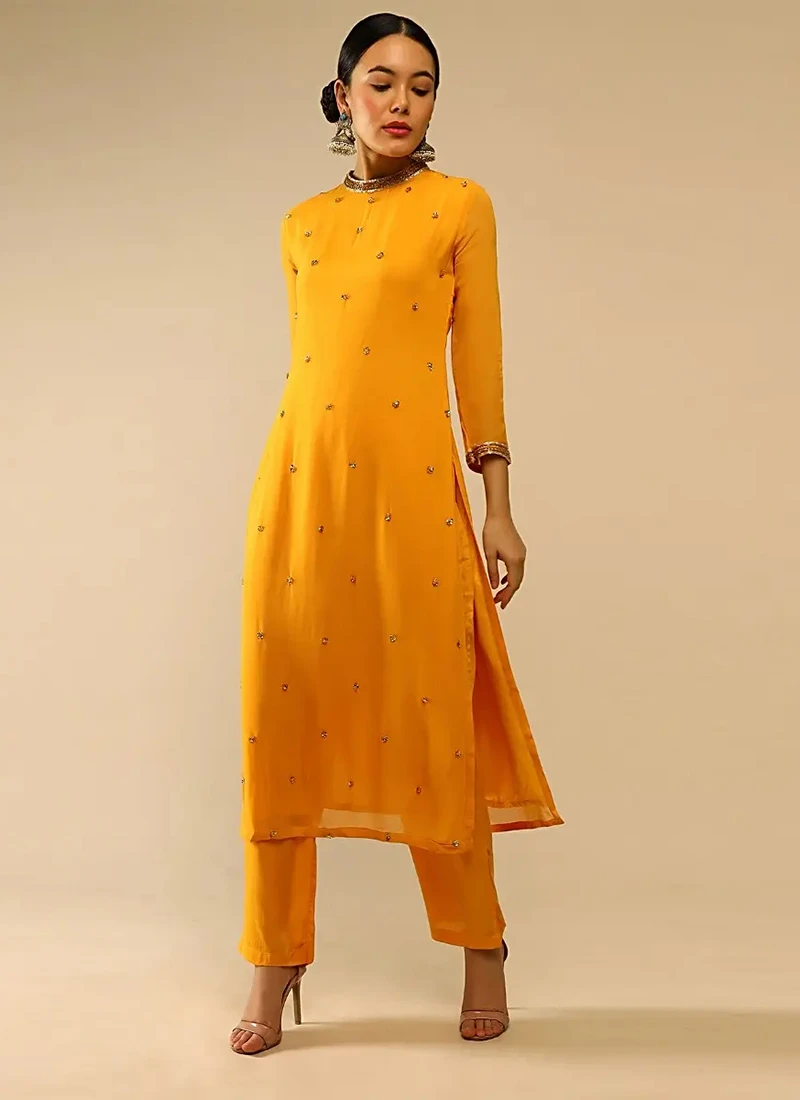 Yellow Pure Georgette Embroidered Kurta Straight Pant Set Party Wear - Image 3
